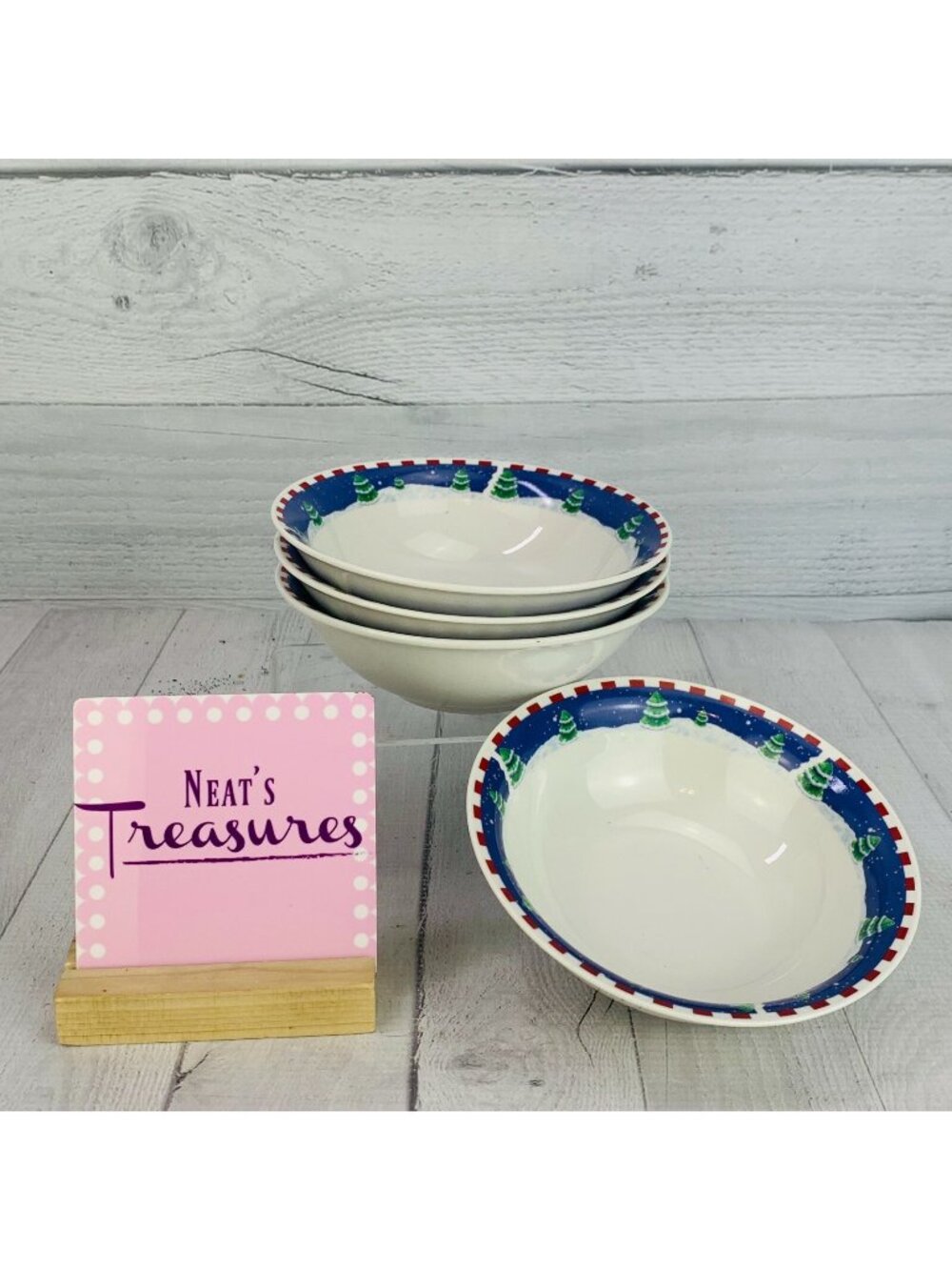 Oneida SLEIGH RIDE  Red Checks Trees Stoneware Christmas Soup Cereal Bowls Set 4